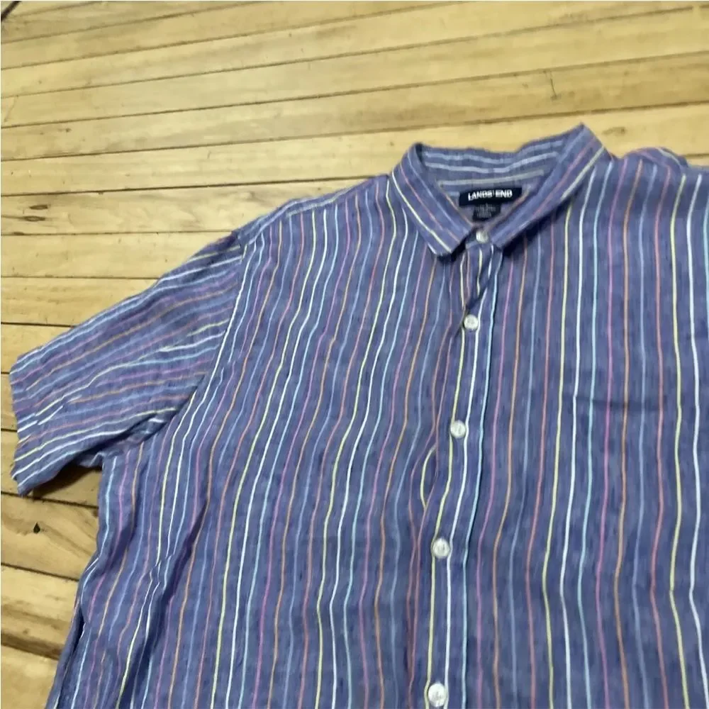 LANDS' END Linen Button Shirt Men L Traditional Fit Blue Vertical Stripe Rainbow